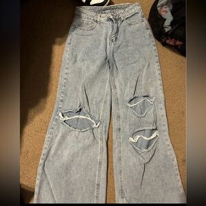 SHEIN Blue Flare Wide Leg Jeans with Distressed Details